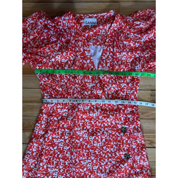 Ganni | Balloon Sleeve Orange Floral Print Crepe Midi Dress | Size 38 (US 6) - Picture 15 of 16